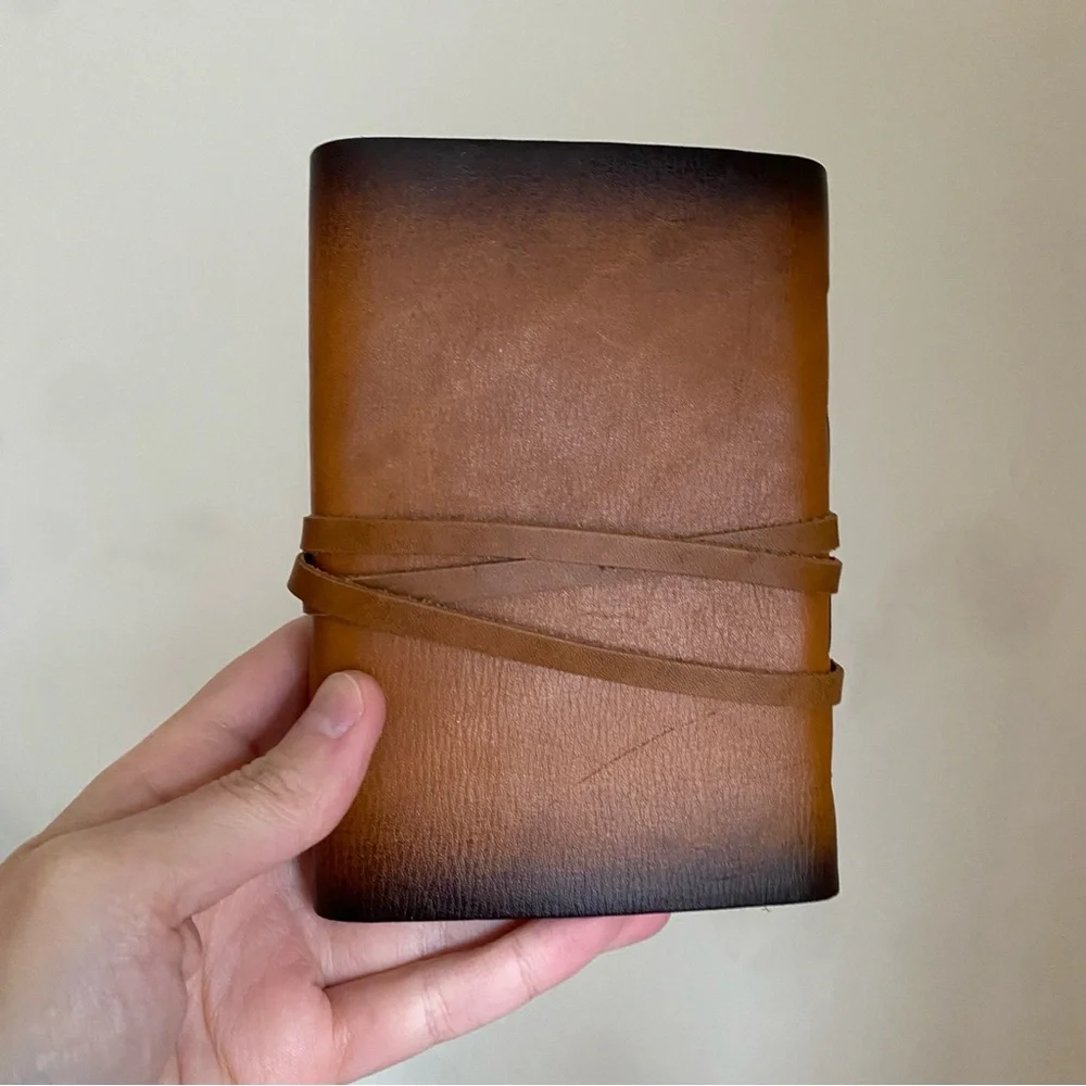Small Brown Leather Journal with Compass Design and Leather Wrap Closure